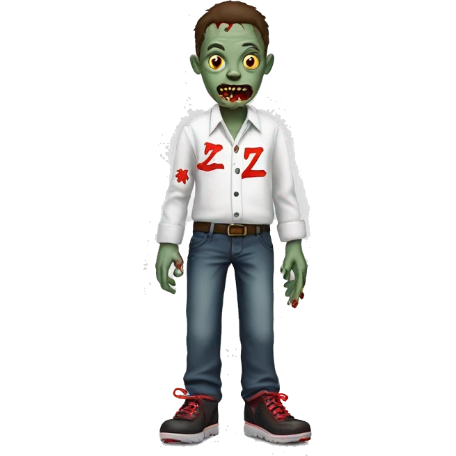 A Zombie With One Shoe On And One Shoe Off Named Zobie With A White School Shirt With Red Accents And With The Letter Z On It And Long Pants. | Photo 1 emoji