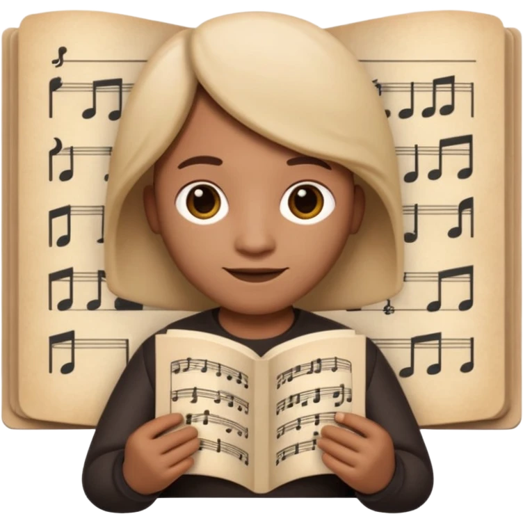 Apple Memoji-style 3D emoji of a composer holding sheet music, soft shading, rounded shapes, no background. emoji