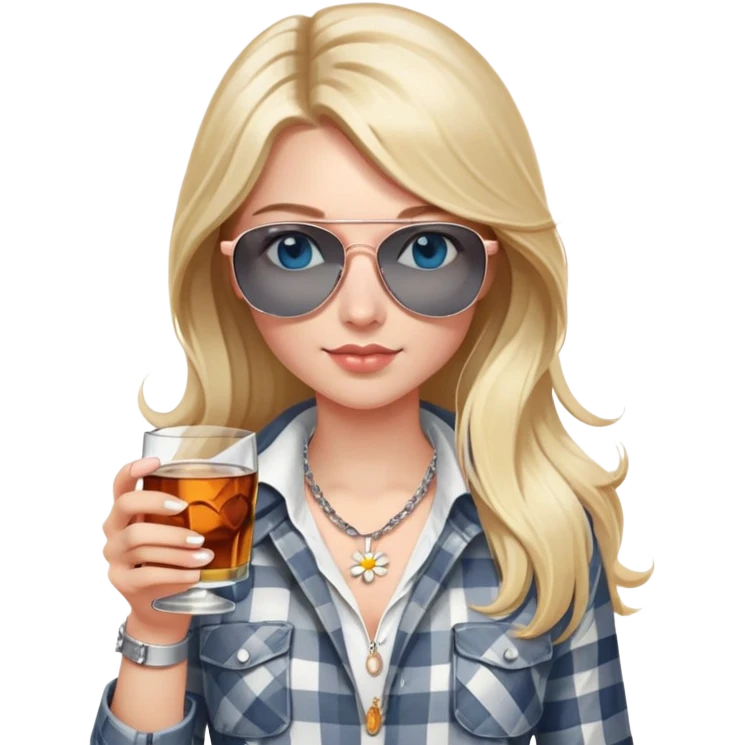 girl
blue eyes
long blond hair with daisy in it
wearing grey/white plaid shirt
wearing aviator sunglasses
wearing silver necklace around her neck
holding a glass of whiskey 
wearing rose gold apple watch  emoji