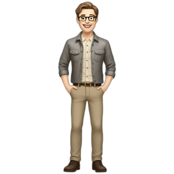 Joyful Full height Pale skinned Fit Man With dark brown hair in gray jacket, beige office shirt, Brown pants and vintage glasses. His thrumbs up emoji