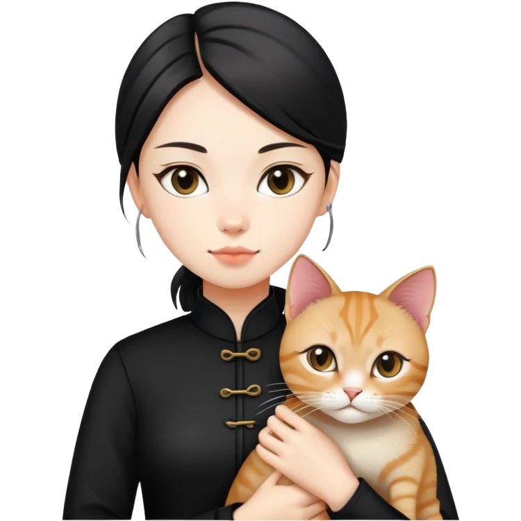 Young woman in black clothes with a Chinese domestic cat emoji