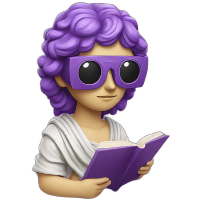 an EMOJI OF A ancient young greek statue reading a book, wearing VR glasses, purple colors, DIGITAL UNIVERSE emoji