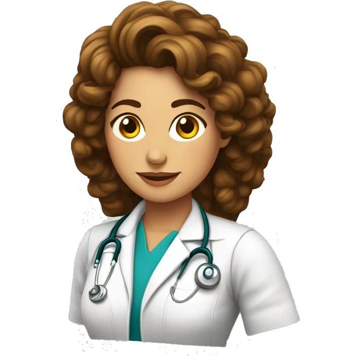 Mujer pelo marron rizado largo doctora emoji
