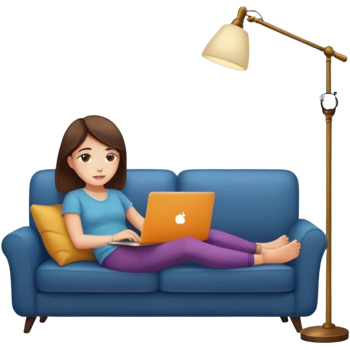 A girl is working with a laptop while lying on a sofa, with a floor lamp to the right. emoji