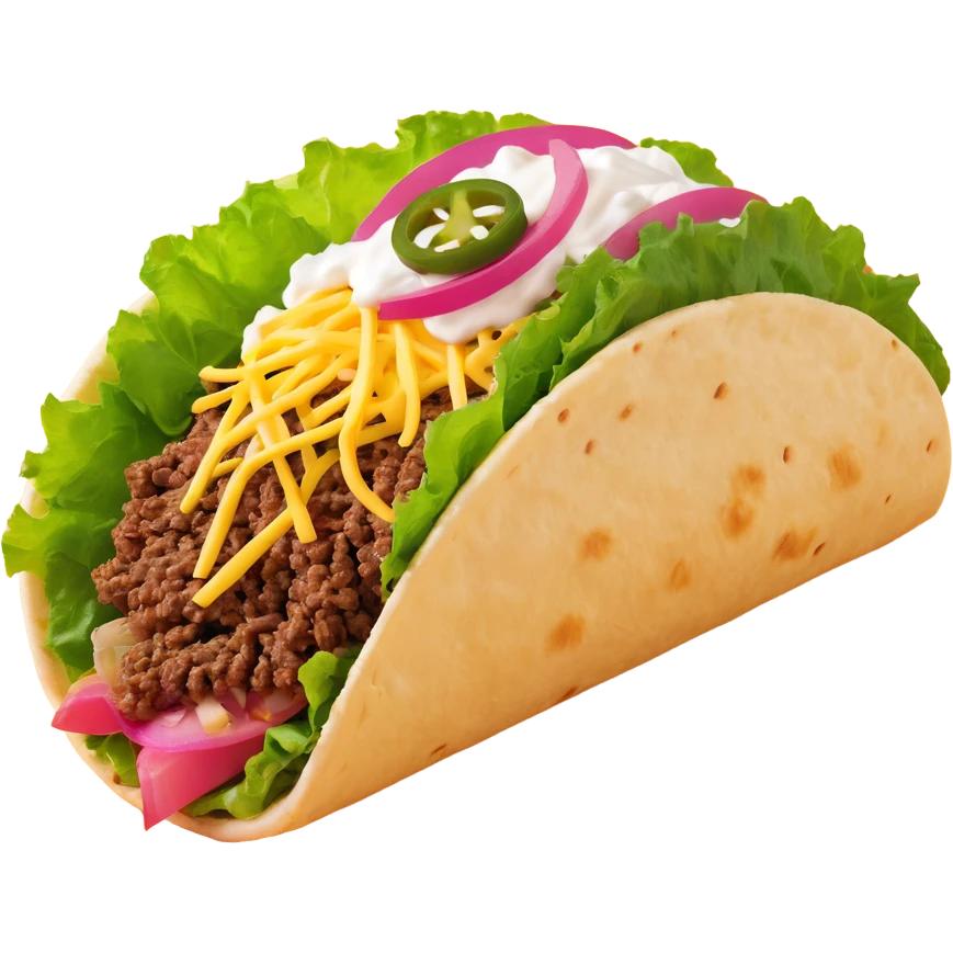 front-facing hard shell taco with pink shell, filled with lettuce, shredded yellow cheese, sliced jalapenos, brown ground beef, and a dab of sour cream emoji