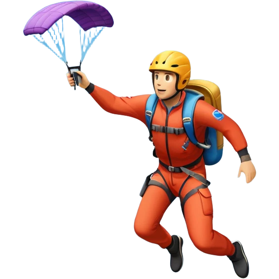 A base jumper soaring through the sky, with a parachute deployed, gliding over a dramatic cliffside or tall building. The background showcases a vast landscape below, with clouds and open skies, emphasizing the adrenaline and freedom of the sport emoji