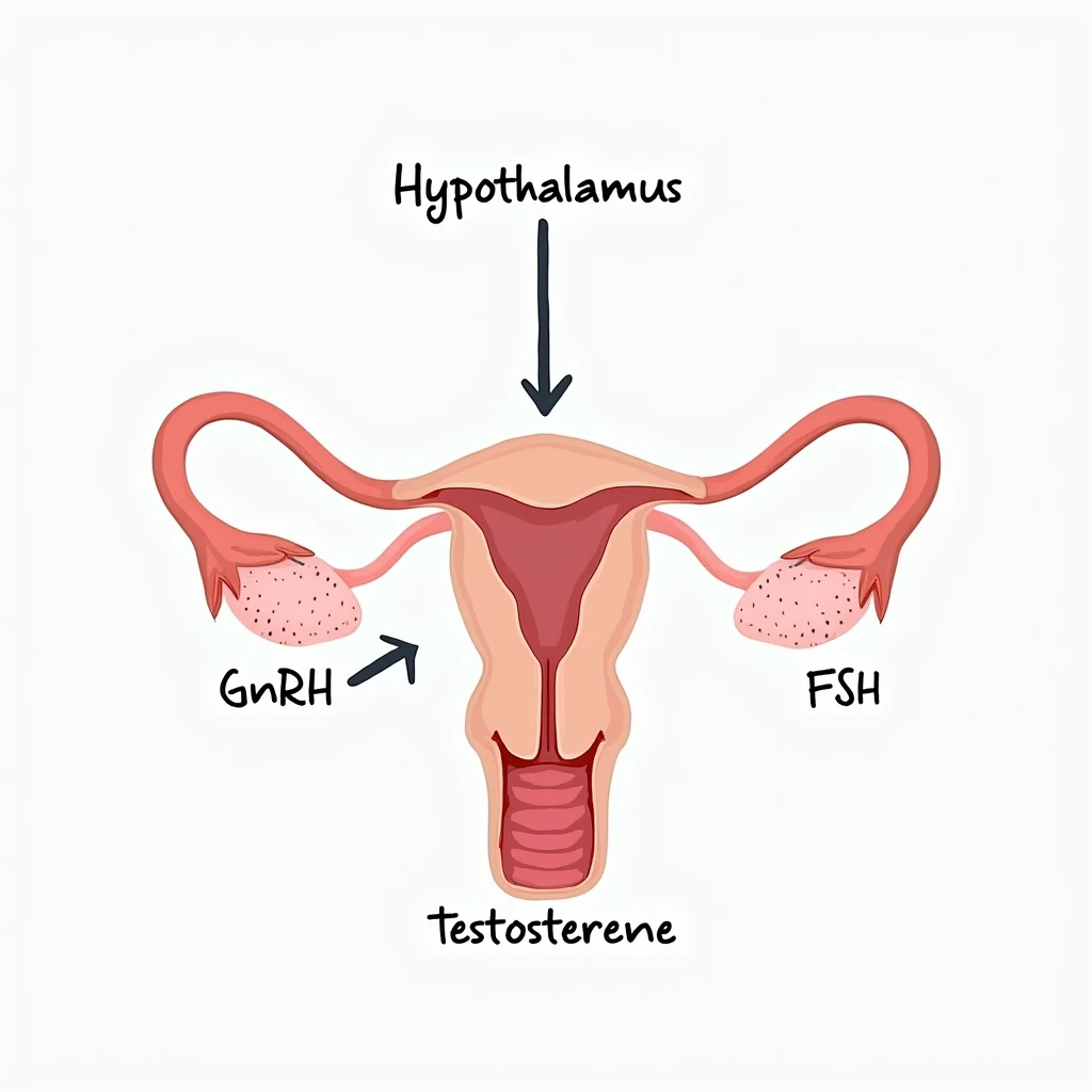 clear and realistic infographic of the HPT axis (hypothalamus-pituitary-testes): showing hypothalamus, pituitary gland, and testes connected by arrows, including hormone names (GnRH, LH, FSH, testosterone), simple diagram, distinct colors for each part, scritte in italiano emoji