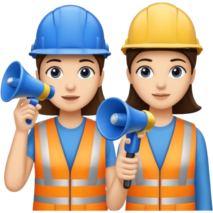 Duas pessoas com capacete de obras azul e um megafone na mão emoji