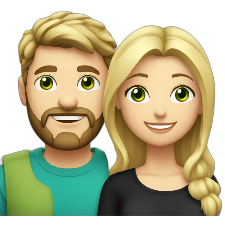 A happy couple, blond chubby girl with blue eyes and black haired and bearded man with green eyes. The man wears a black t-shirt emoji