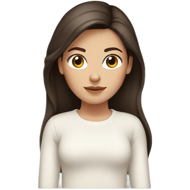 White girl with dark brown long hair, brown eyes and a white sweater emoji
