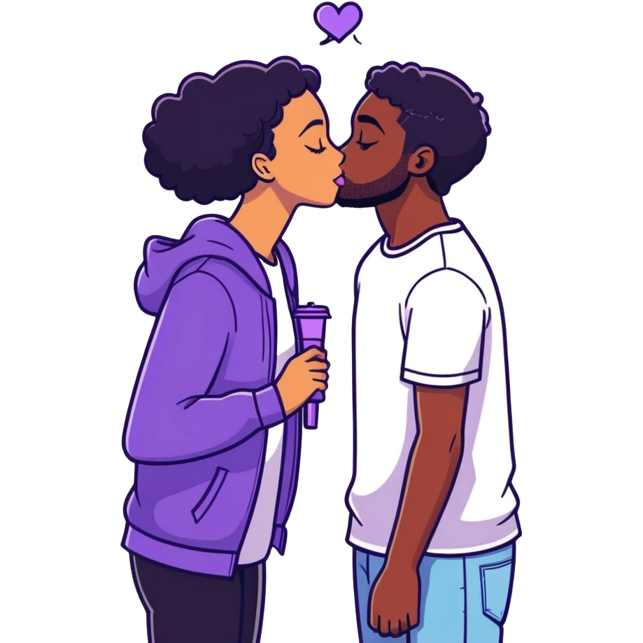 White guy with brown hair and light beard kissing black girl with black hair with purple streaks. Make them the same height emoji