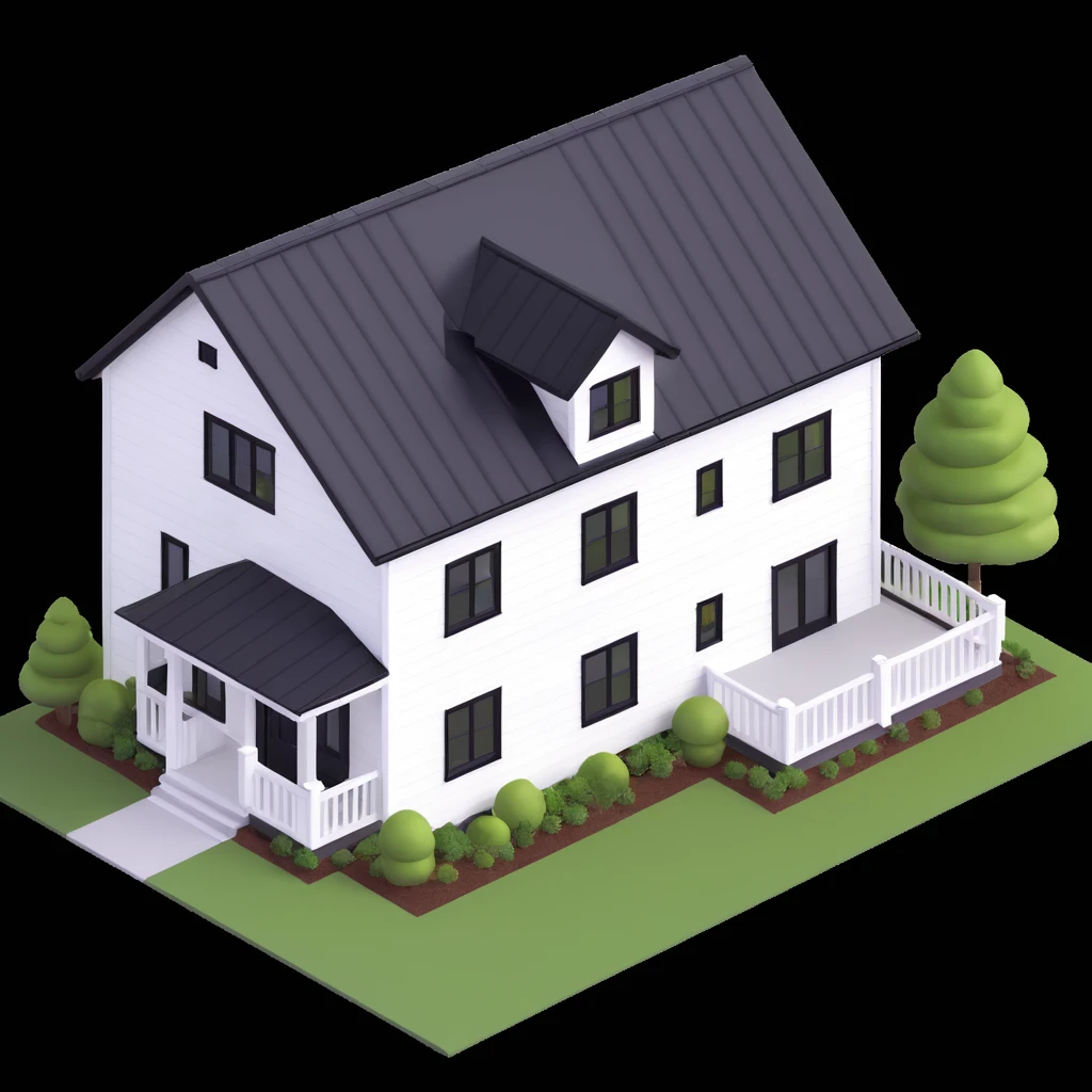 modern farmhouse with white siding, black roof and black trim, isometric exterior view emoji