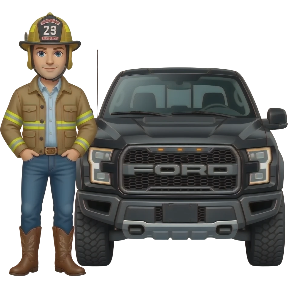 , cowboy boots, and a firefighter helmet standing next to a black Ford Bronco in a garage emoji