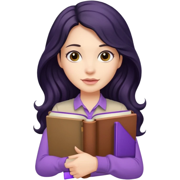 Long Hair Women with purple Book, Black wavy hair, beige shirt emoji