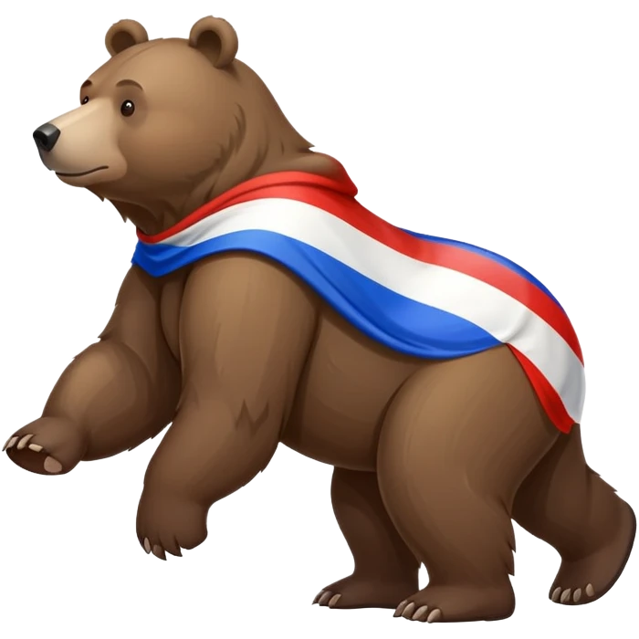 Medium brown bear on all four legs with Russian flag (white, blue, red horizontal stripes) draped over its back, minimalist style, side view emoji