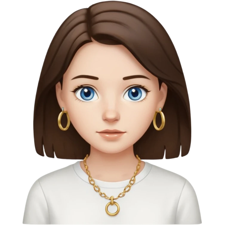 Create an emoji of a pretty white Girl with brunette hair blue eyes faint freckles and medium length hair wearing a white shirt with gold hoop earrings and a gold necklace  emoji