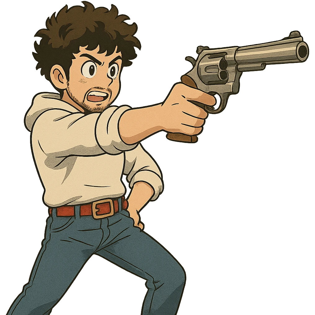 1 male, mid fade haircut dark chestnut brown curly hair, toasted lightskin, white hoodie sleeves up, fashion jeans, red fashion-sneakers shoes, red belt, short trimmed beard and goatee,  style of deku from "my hero academia", drawing a magnum revolver like dirty harry, twtich emote emoji