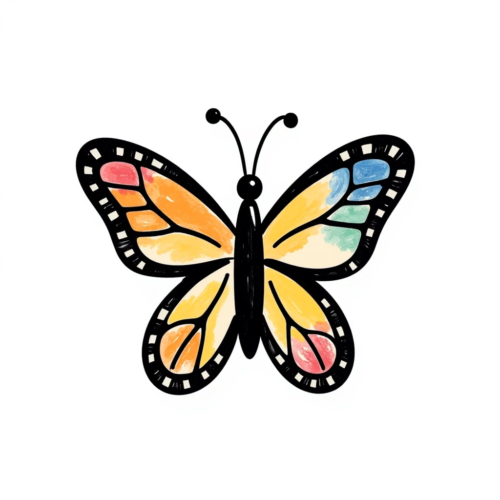 colorful butterfly drawn in childlike crayon style, centered, isolated on white background emoji