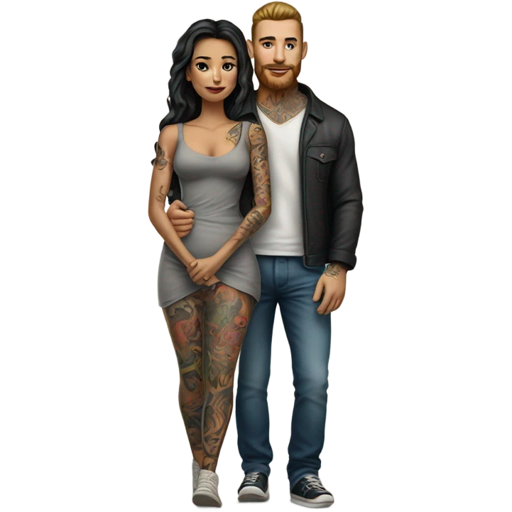 Hyper Realistic beautiful woman in the arms of a very handsome tattooed man walking  emoji