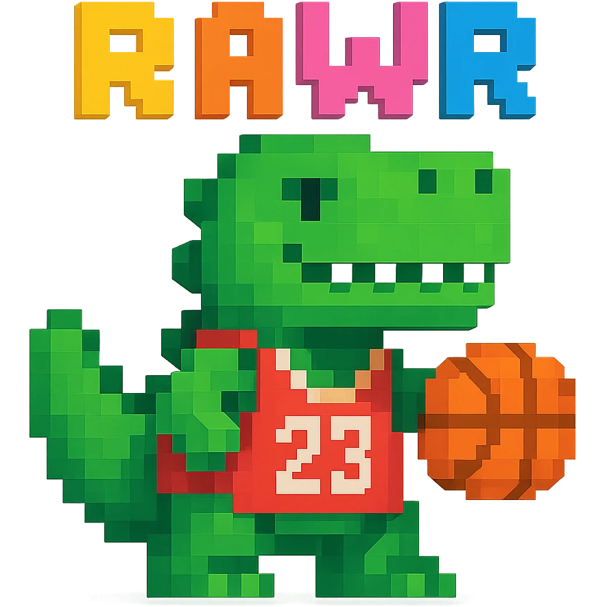 надпись "RAWR" и динозавр с баскетбольном мячом в майке с надписью "23", no background  emoji