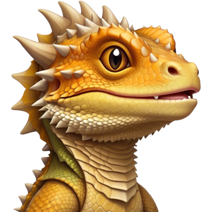 Cinematic Noble Bearded Dragon Portrait Emoji, Poised and regal, with a robust, angular build and a textured, scaled hide in earthy olive and sandy tones, a prominent spiky 'beard' beneath its chin and a keen, alert gaze, Simplified yet sharp and sophisticated features, highly detailed, glowing with a soft, dignified glow, high shine, intelligent and fierce, stylized with an air of desert majesty, focused and attentive, soft glowing outline, capturing the essence of a watchful and commanding reptile, so majestic it feels as though it could scuttle out of the screen with effortless authority! emoji
