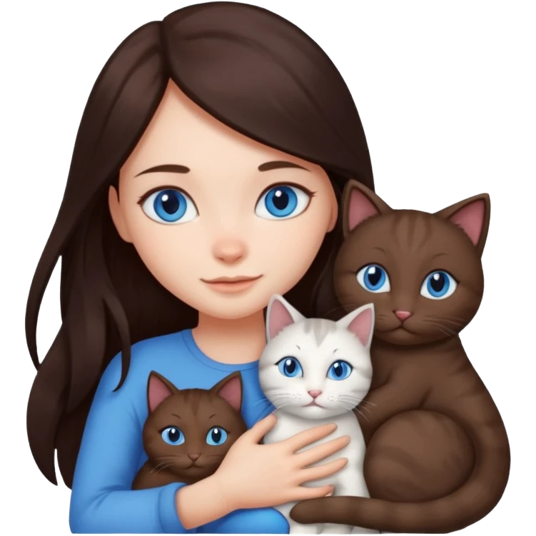 a girl with long dark 
brown hair, with blue eyes, hugs 3 different natural coloured cats emoji