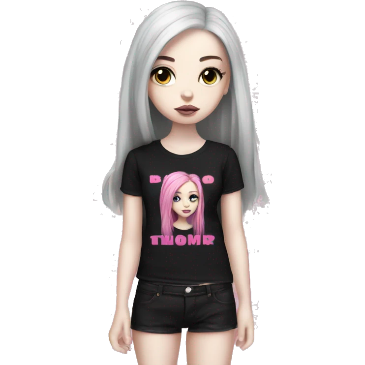 Hyperreal pale skin emo girl with long pink and black hair with black band tee with pink lettering on front emoji