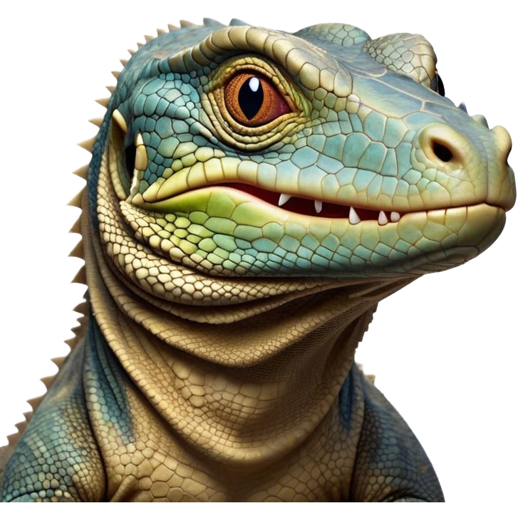 Cinematic Comical Komodo Dragon Lizard Portrait Emoji, Head tilted dramatically with an exaggeratedly shocked expression, featuring a robust, scaled body with wide, comically expressive eyes full of humorous disbelief, Simplified yet hilariously expressive features, highly detailed, glowing with a slightly sassy glow, high shine, dramatic yet playful, stylized with an air of quirky exotic attitude, soft glowing outline, capturing the essence of a meme-worthy Komodo dragon that looks ready to side-eye its way into viral fame! emoji