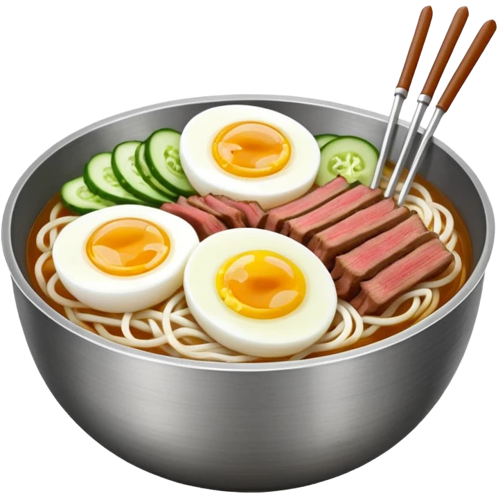 Korean cold noodles (naengmyeon) in a metal bowl, with thin noodles, cold broth, sliced beef, cucumber, and a half boiled egg on top, iPhone emoji style emoji