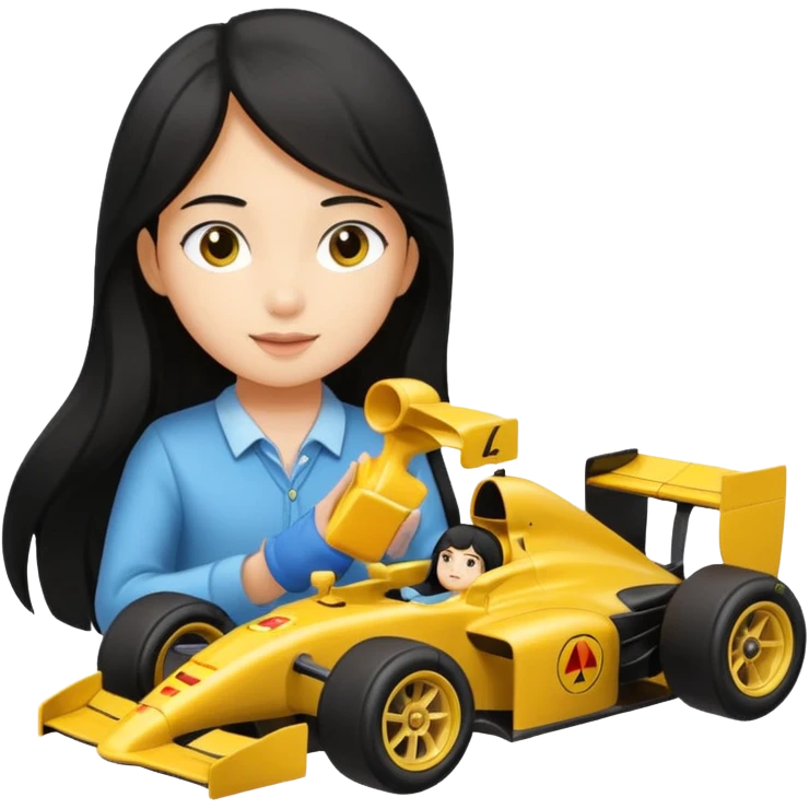 black long black haired girl kid playing yellow colored formula 1 car toy emoji