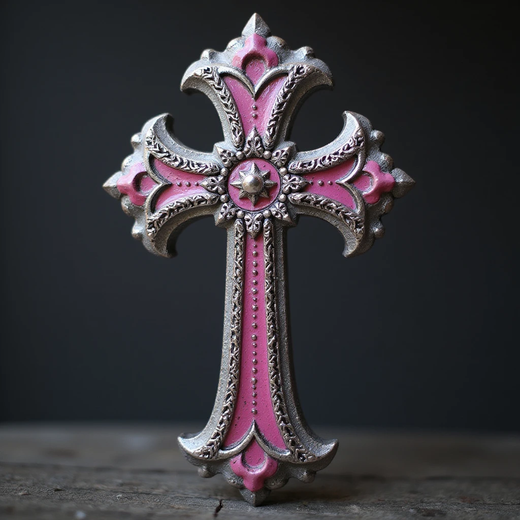 realistic gothic cross, pink and silver, photorealistic style, no background emoji