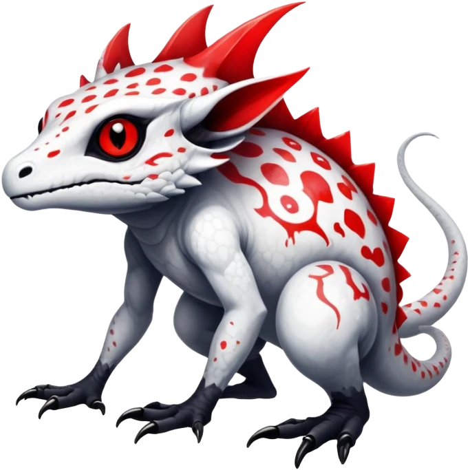 a translucent white with black belly and red eyes exotic edgy vernid-fionbri-creature with splash patterns full body emoji