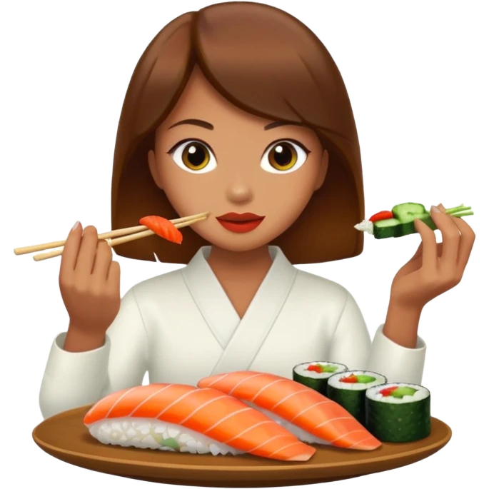 A girl with brown hair satin sushi made with cucu bed and peppers and rice emoji