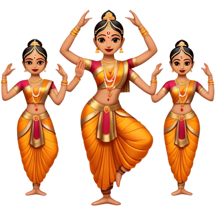 Cinematic Realistic Bharatanatyam Dance Emoji, depicted as an elegant classical Indian dance performance with graceful poses, intricate costumes, and expressive hand gestures, rendered with rich textures and warm dramatic lighting that captures its timeless beauty. emoji