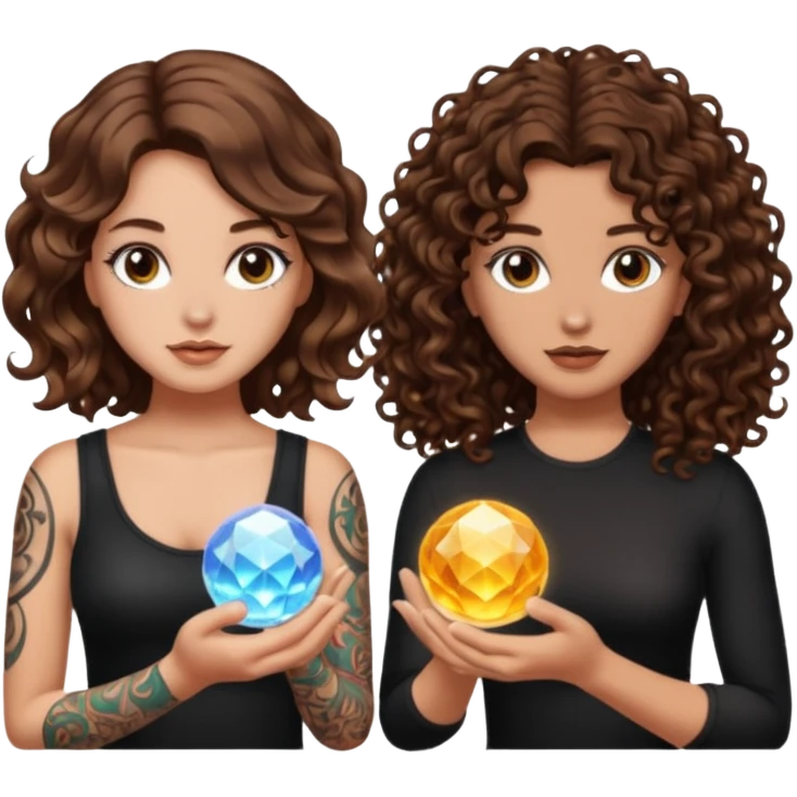 crystal orb realization — long wavy brown hair tattooed woman and short tight curly brown hair woman — glow emoji