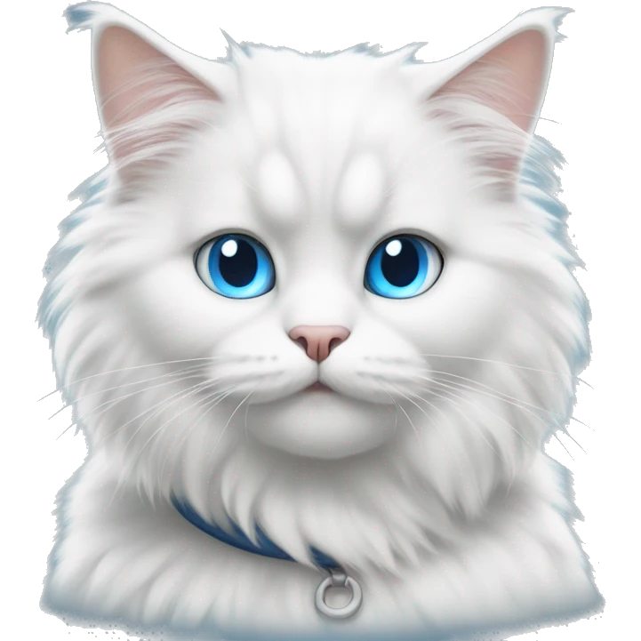 White fluffy cat sitting face forward with blue eyes and very fluffy tail and grey collar emoji