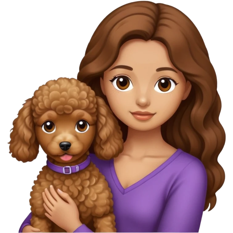 A girl with long brown hair wrapped around a Mini poodle emoji