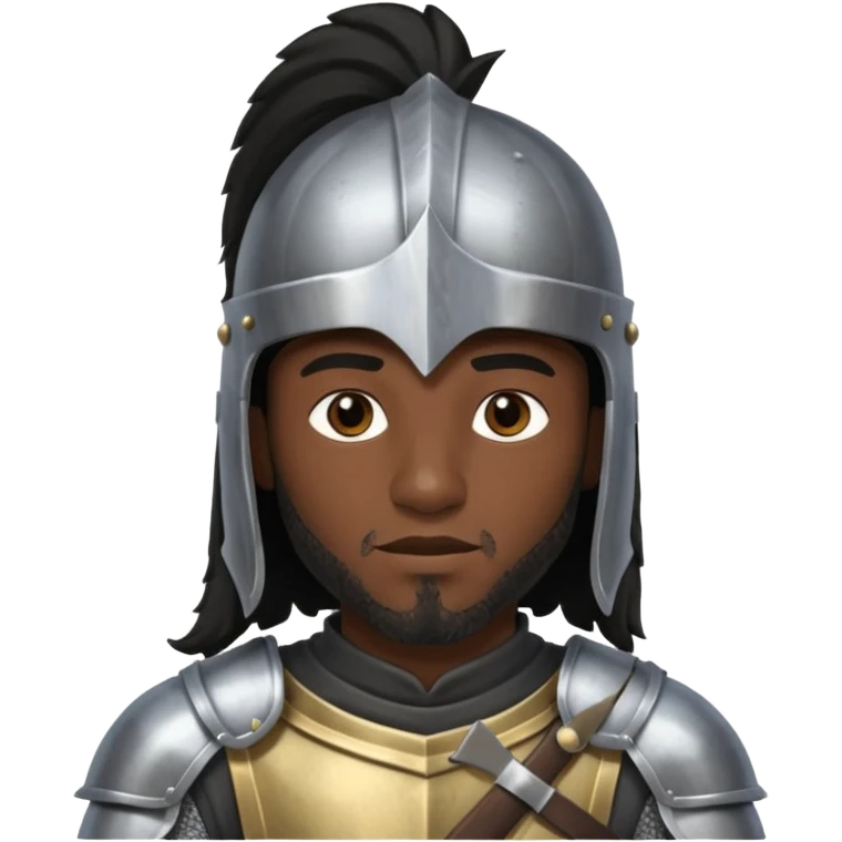 A black male with long black rough hair wearing a knight helmet emoji