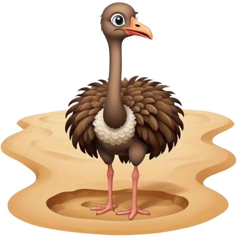 A cute cartoon ostrich standing next to a hole in the sand. emoji