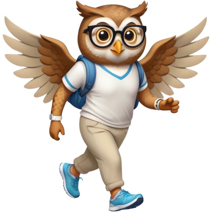friendly anthropomorphised owl with wings instead of arms, in pants and a shirt, wearing glasses, jogging upright, standard pose emoji