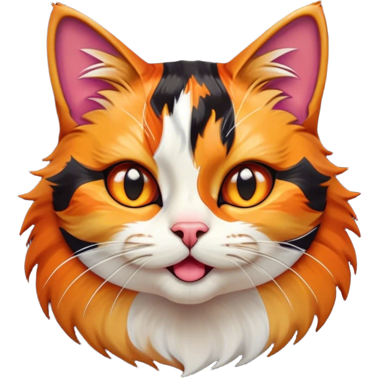 Cinematic Comical Calico Cat Portrait Emoji, Head tilted dramatically with an exaggeratedly surprised expression, showcasing a vibrant patchwork fur of orange, black, and white with wide, comically expressive eyes, simplified yet hilariously detailed, glowing with a sassy, golden radiance, high shine, exuding playful mischief and cheeky feline attitude, styled with a soft glowing outline, capturing the essence of a calico cat that looks ready to leap off the screen with mischievous flair! emoji