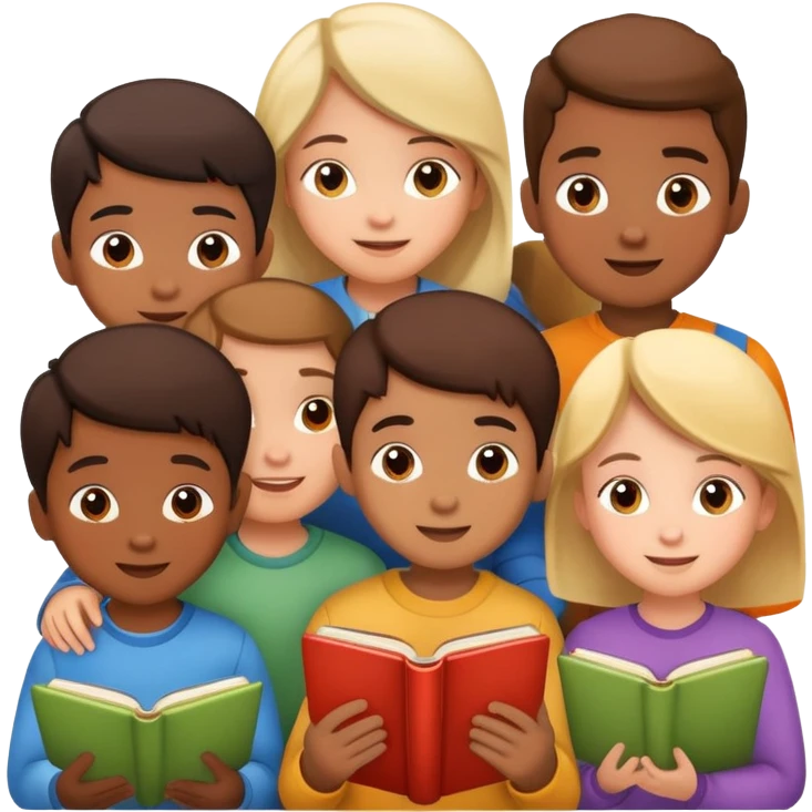 group of children listening to a story, happy and engaged emoji