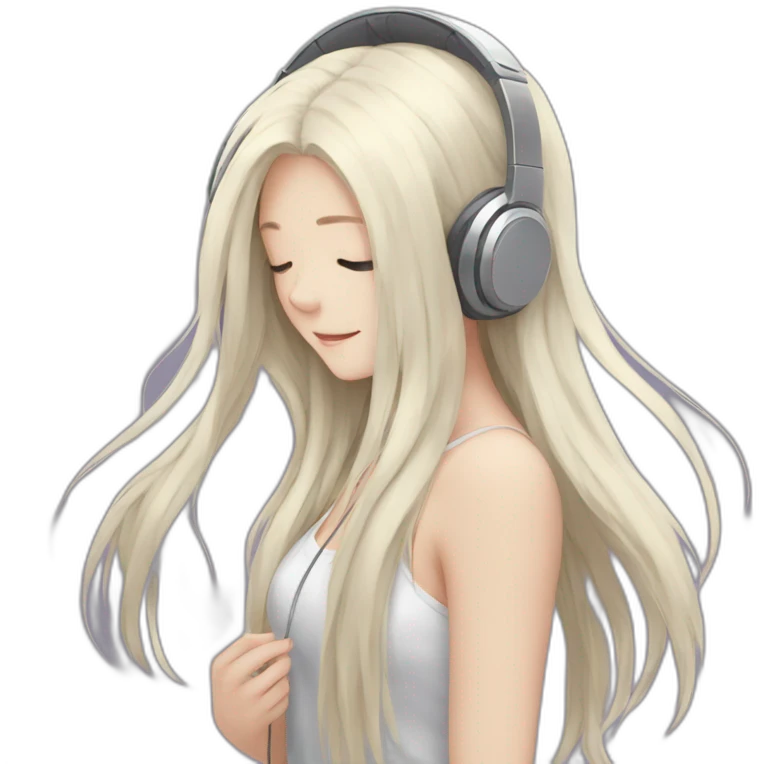 anime girl from behind with headphones on toes and white long hair emoji