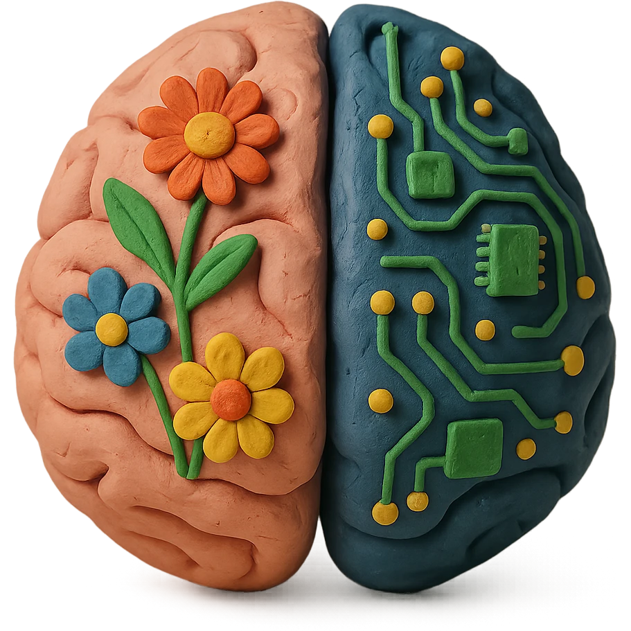 split brain, left side with flowers, right side with circuit board emoji
