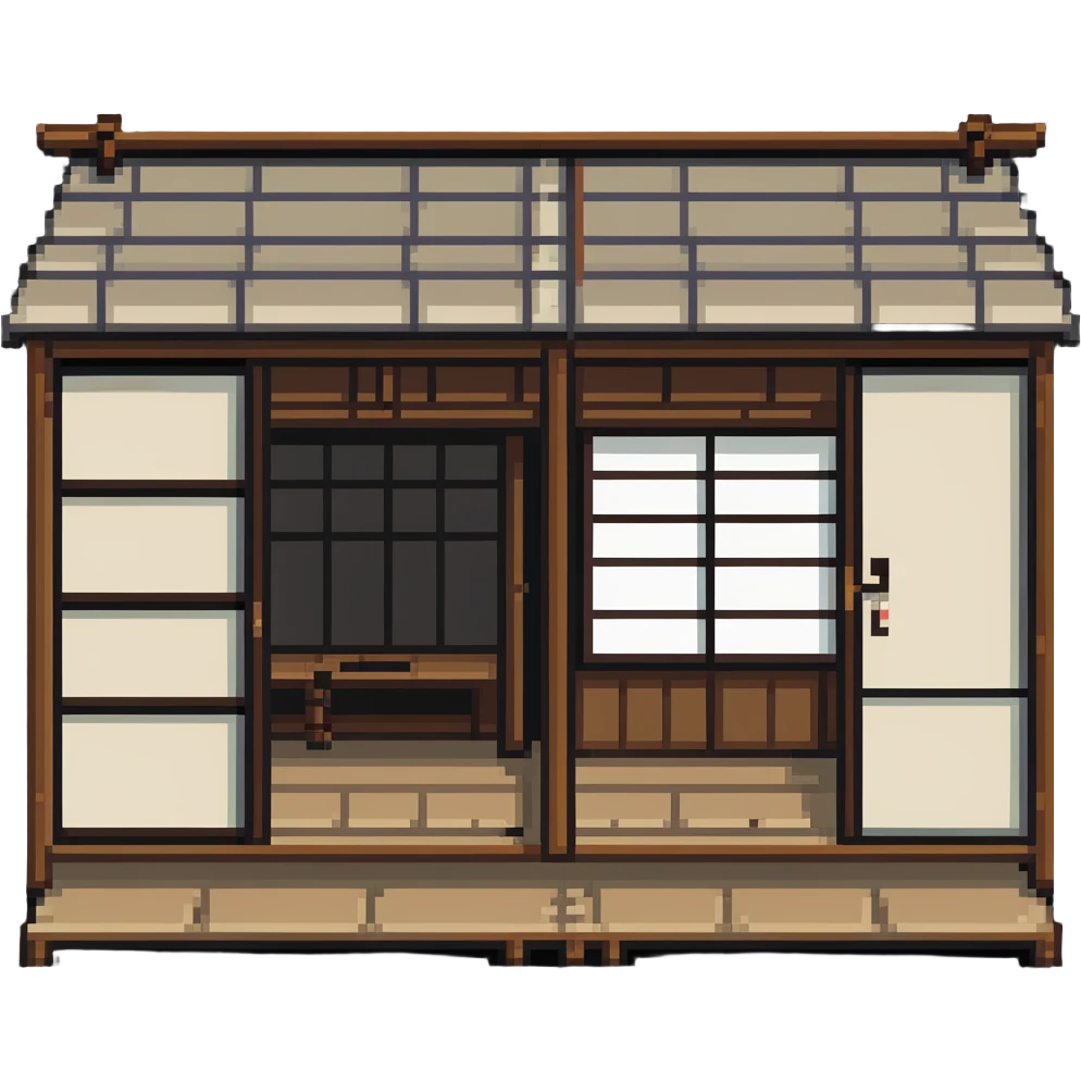 Traditional Japanese house with wooden structure, sliding doors, tatami floor emoji