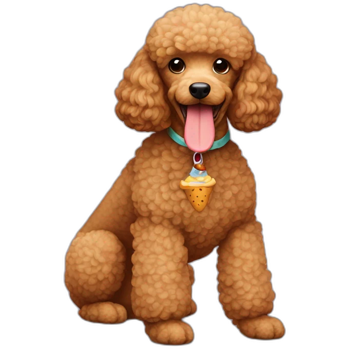 Light brown poodle seated with a hot dog toy emoji