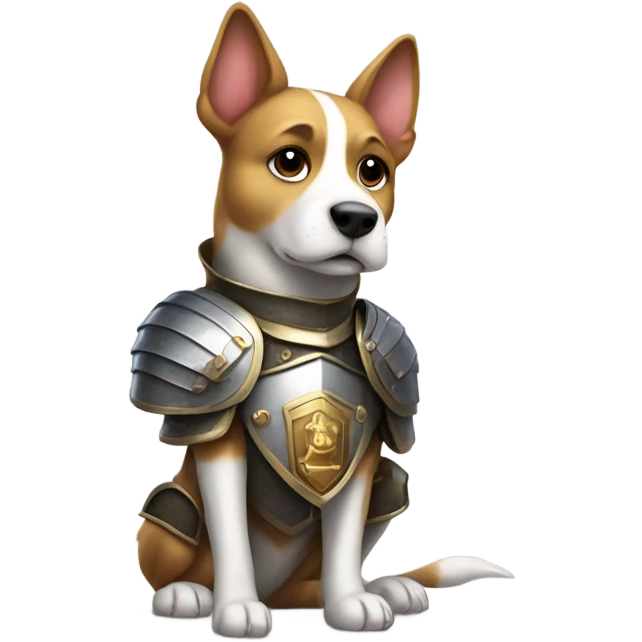 A dog wearing armor and holding a sword and shield emoji