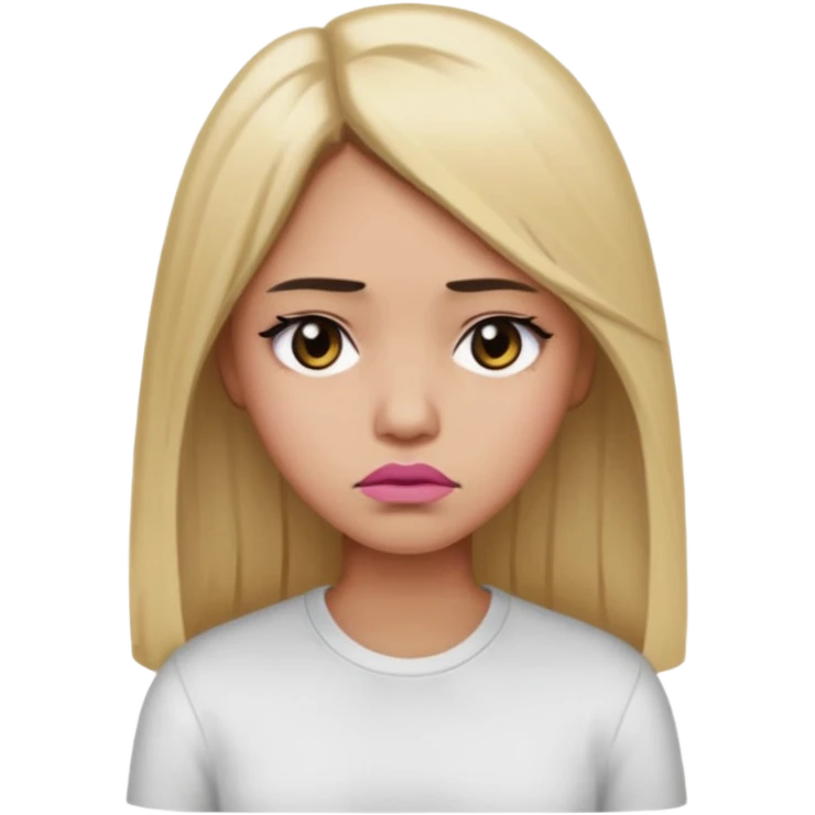 Mujer color de piel moreno claro, con cabello rubio largo, lacio y suelto, ojos negros, labios color rosita, triste  emoji