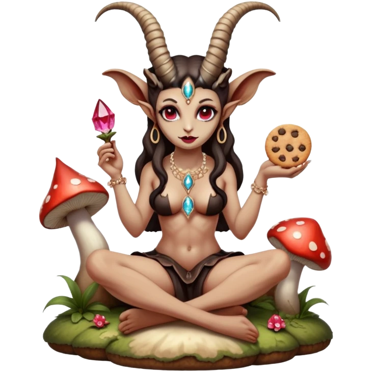 Feminine Baphomet sitting on a mushroom a cookie in one hand and a shiney crystal in her other hand emoji