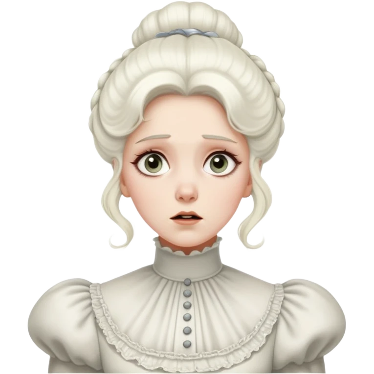 Awestruck Victorian-era white woman with white coiffed hair, light eyes, wearing a simple turtleneck Victorian gown, with a dropped jaw in shock emoji